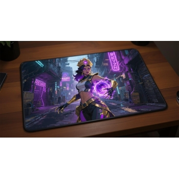 Custom gaming playmat design featuring artwork inspired by 'A cyberpunk illustration in th...' in sci-fi style featuring r...