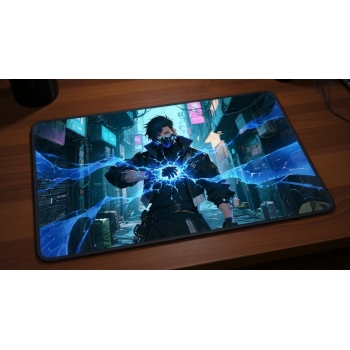 Custom gaming playmat design featuring artwork inspired by 'A futuristic artwork in Riot's...' in sci-fi style featuring b...