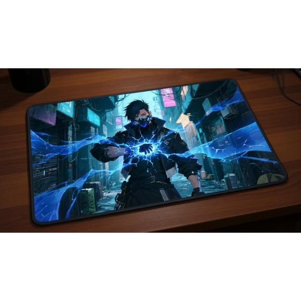 Custom gaming playmat design featuring artwork inspired by 'A futuristic artwork in Riot's...' in sci-fi style featuring b...
