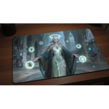 Custom gaming playmat design featuring a magic in fantasy style featuring silver and amber colors creating a ethereal atmo...