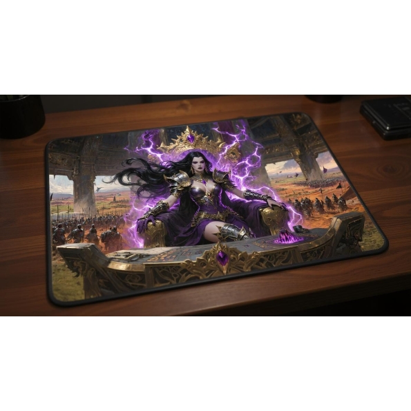 Custom gaming playmat design featuring a armor with magic in fantasy style featuring red and purple colors optimized for l...