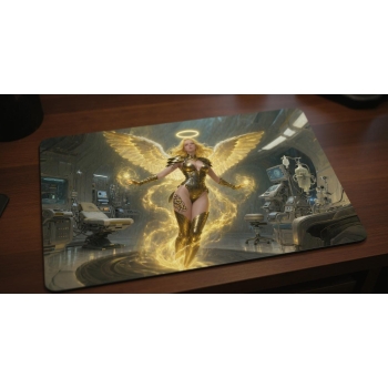 Custom gaming playmat design featuring artwork inspired by 'Mercy's Angelic Sanctuary A di...' with gold tones creating a ...