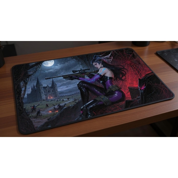 Custom gaming playmat design featuring artwork inspired by 'Widowmaker's Crimson Web A pre...' in dark style featuring red...