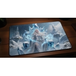 Custom gaming playmat design featuring a sorceress with magic, ice in fantasy style with platinum tones creating a etherea...