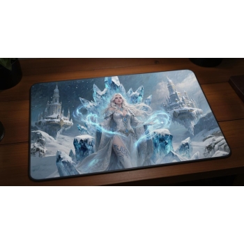 Custom gaming playmat design featuring a sorceress with magic, ice in fantasy style with platinum tones creating a etherea...