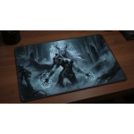 Custom gaming playmat design featuring a armor with magic in dark style featuring silver and amber colors optimized for la...