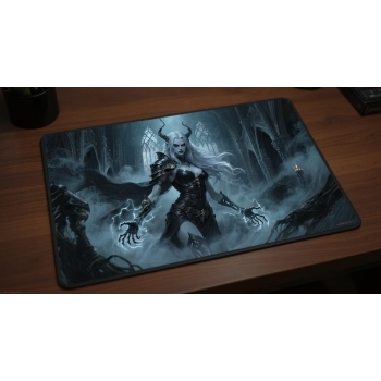 Custom gaming playmat design featuring a armor with magic in dark style featuring silver and amber colors optimized for la...