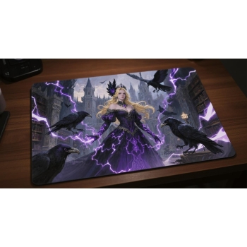 Custom gaming playmat design featuring a castle with lightning in fantasy style featuring purple and violet colors creatin...