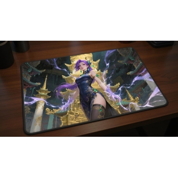 Custom gaming playmat design featuring artwork inspired by 'Keqing's Jade Pinnacle A deter...' featuring gold and violet c...