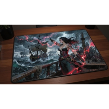 Custom gaming playmat design featuring a warrior in animal style with crimson tones optimized for landscape format created...