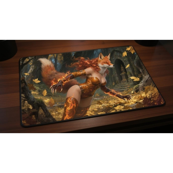 Custom gaming playmat design featuring a fire with magic in fantasy style featuring red and gold colors optimized for land...