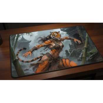 Custom gaming playmat design featuring a warrior in animal style featuring red and orange colors optimized for landscape f...