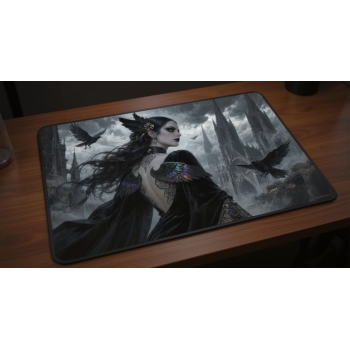 Custom gaming playmat design featuring a sorceress in dark style featuring red and black colors creating a mysterious atmo...