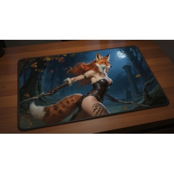 Custom gaming playmat design featuring a forest in nature style featuring red and amber colors optimized for landscape for...