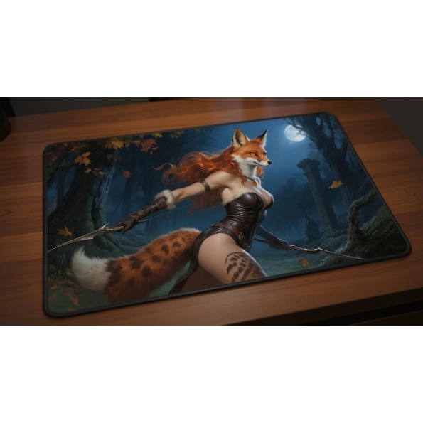 Custom gaming playmat design featuring a forest in nature style featuring red and amber colors optimized for landscape for...