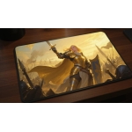 Custom gaming playmat design featuring a sword with armor, knight in fantasy style with gold tones creating a ethereal atm...