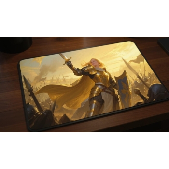 Custom gaming playmat design featuring a sword with armor, knight in fantasy style with gold tones creating a ethereal atm...
