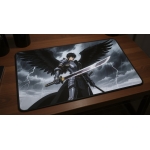 Custom gaming playmat design featuring a warrior with armor in dark style featuring red and black colors creating a dramat...