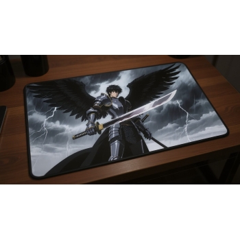 Custom gaming playmat design featuring a warrior with armor in dark style featuring red and black colors creating a dramat...