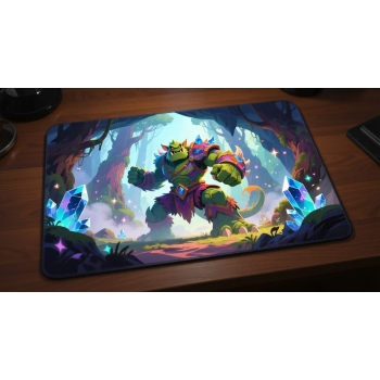 Custom gaming playmat design featuring a creature with forest in colorful style creating a dramatic atmosphere optimized f...